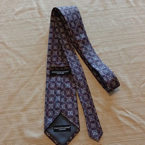 PRONTO• UOMO Couture Geometric Patterned Tie - Burgundy/Blue/Grey - Picture 5 of 6